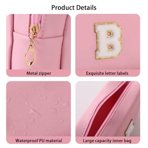 Makeup Bag Initial Preppy Patch Bag,Small PU Leather Travel Cosmetic Bag Pouch with Zipper, Pink Cute Toiletry Bag,Gift Ideal for Teen Girls Women Birthday Friend Mom, Latter B - Thumbnail 3