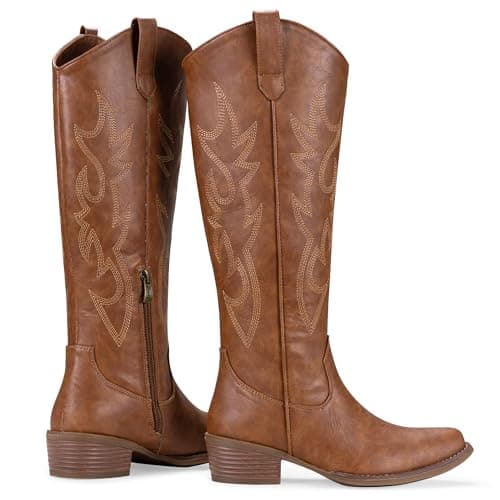 Jeossy Women's Brown Western Cowboy Boots Embroided Wide Calf Knee High Cowgirl Boots Round Toe Tall Boots with Inside Zipper Comfortable for Wedding Party Daily Wear Size 7 (DJY9809 brown 07) - Thumbnail 6