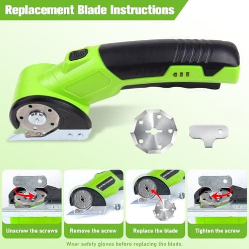 Qidejoy Cordless Cardboard Cutter Electric Scissors, Heavy Duty High-speed Rotary Box Cutter Tools for Fabric, Carpet, Paper, with 2 Blades & Gloves, 4.2V Rechargeable Battery, LED Light, Green - Thumbnail 6