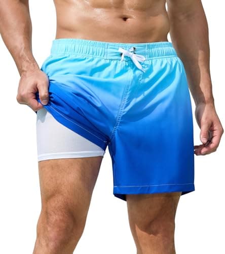 SILKWORLD Mens Swim Trunks Quick Dry Breathable Bathing Suit 2 in 1 Beach Shorts, Blue Gradient, Small - Image 1