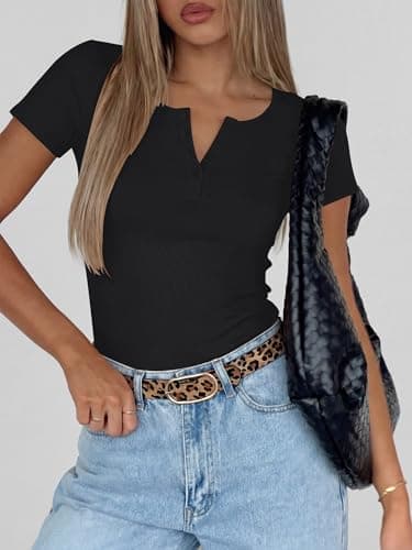ANRABESS Womens Tops Short Sleeve Henley Shirts 2026 Summer Ribbed Slim Fit Basic Casual Tee Blouse Trendy Spring Clothing Black Small - Thumbnail 3