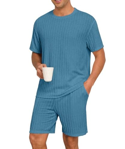 PrinStory Mens Pajamas Set Summer Pjs Sets Lightweight Short Sleeve Pajama Shorts Set Soft Sleepwear Loungewear with Pockets Peacock Blue-M - Image 1