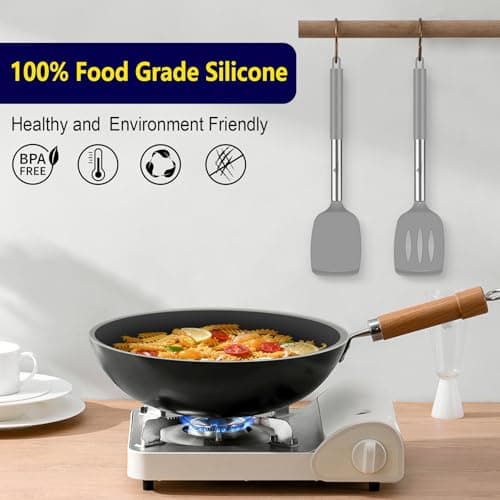 HOTEC Silicone Spatula Set of 2 Heat-Resistant 600°F & BPA-Free Kitchen SaptulaTurner with Stainless Steel Handles, Slotted & Solid Spatulas for Nonstick Cookware, 13.7 Inch, Grey - Thumbnail 6