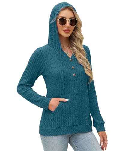 XMTOPYE Sweaters for Women Long Sleeve Hoodies with Buttons Early Fall Fashion Winter Clothing Teal Blue - Thumbnail 4