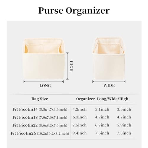 Purse Organizer Insert for Picotin 18/22, Satin Bag Organizer for Picotin Bags, Lightweight Purse Essentials for Women Luxury Handbags, Soft Touch Inner Liner with Multiple Pockets (Craie, PC22) - Thumbnail 5