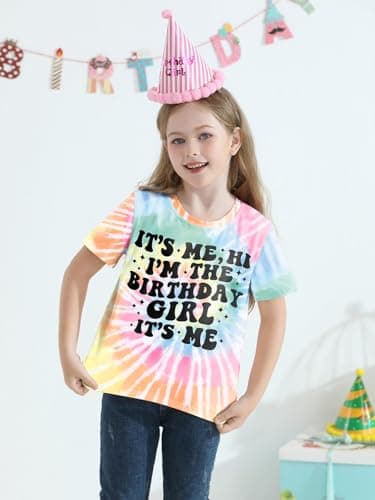Birthday Girl Shirt 13 14 Year Old Its My Birthday T-Shirt Outfits 13th 14th Cute Kids Letter Graphic Short Sleeve Tee Tops Colorful Tie Dye - Thumbnail 4