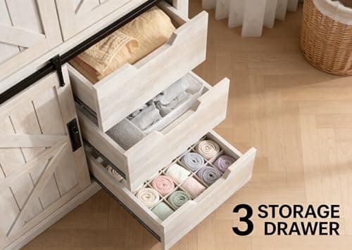 71" Tall Farmhouse Wardrobe Closet with Sliding Barn Doors, 2 Cabinets & 3 Drawers – Rustic Armoire for Bedroom, Spacious Closet Wardrobe with Doors for Clothing, Shoes & Storage, Antique White - Thumbnail 5