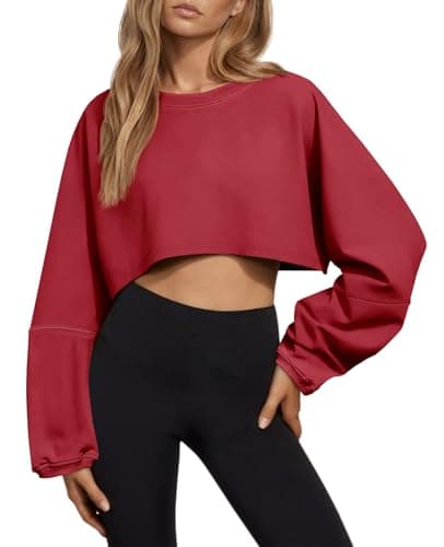 Tankaneo Womens Long Ballon Sleeve Sweatshirts Tops Cropped Crew Neck Loose Fit Casual Workout Shirts Red - Image 1