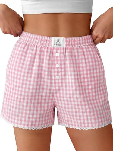 ANRABESS Boxer Shorts for Women 2026 Summer Pajama Gingham Pj Shorts Casual Lounge Sleep Plaid Y2K Beach Bottoms Outfits Pink White Plaid X-Large - Thumbnail 2