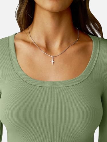 GKBK Long Sleeve Tops for Women Ribbed Knit Scoop Neck Slim Fitted Tight Basic Tee Shirts Lightweight Fall Sweaters 2025 Fashion Trendy Outfits Light Green - Thumbnail 5