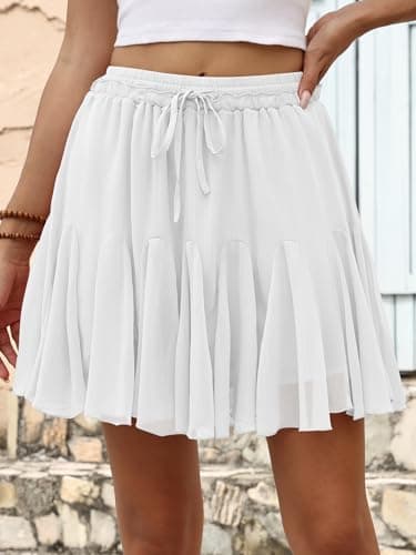 Caracilia Flowy Skorts for Women Summer High Waist Ruffle Pleated Boho Mini Skirts 2026 Casual Chiffon Beach Short Skirt White XX-Large - Thumbnail 2