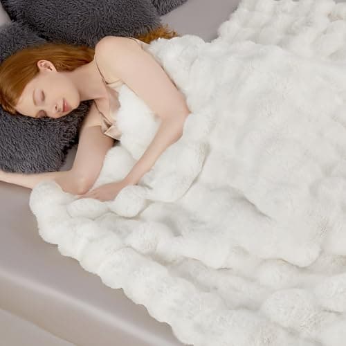 Touchat Luxury 1000GSM Faux Rabbit Fur Throw Blanket, Super Heavy Warm Cozy Blankets for Couch Bed Sofa, Bubble Plush Fuzzy Elegant Soft Reversible Mink Blanket for Living Room Bedroom, Cream White - Thumbnail 6