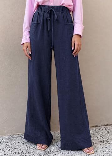 KIRUNDO Wide Leg Palazzo Pants for Women Summer High Waist Flowy Casual Trousers Lounge Pants Beach Vacation Travel Outfits (Navy Blue, XX-Large) - Thumbnail 2