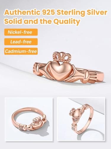 Bestyle Rose Gold Vermeil Silver Claddagh Rings for Women Sterlling Silver Band Ring Stacking Ring, Dianty Cute Simple Ring, Irish Celtic Love Ring Wedding Band for Couples, Size 8 - Thumbnail 2