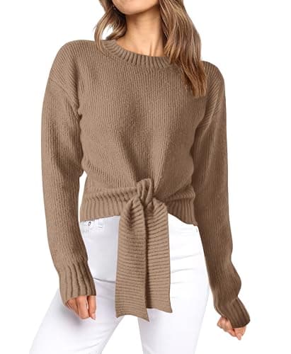 Okiwam Women's Long Sleeve Cropped Sweaters Casual Knit Pullover Tie Front Crew Neck Fall Outfits Spring Fashion Clothes 2026-M Light Brown - Image 1