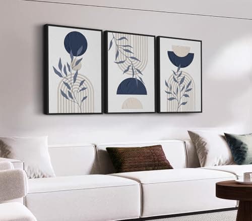 Large Framed Boho Wall Art, Mid Century Botanical Canvas Prints, Blue Geometric Abstract Paintings Modern Minimalist Canvas Pictures for Living Room Bedroom Kitchen Office Decor 16"x24"x3Pcs - Image 1