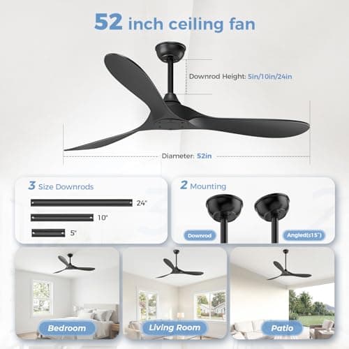 KASASS Black Ceiling Fan No Light, 52" Outdoor Fans for Patios/Porch/Bedroom/Kitchen with Remote, Noiseless, 3 Downrods, 6 Speed, Reversible DC Motor, Modern, 3 Blades, Timer - Thumbnail 4