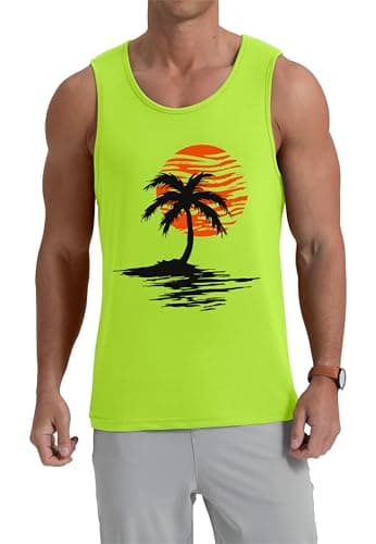 Mens Casual Summer Tank Tops Tropical Plants Graphic Crewneck Sleeveless Shirts Workout Gym Muscle Tops Beach Hawaii Vacation Fluorescein Palm Tree, M - Thumbnail 6