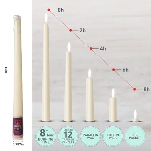 12 Pack Ivory Taper Candles - Taper Candles 10 Inch Smokeless & Unscented - 8 Hours Long Burning - Hand Poured Tall Candlesticks - Ideal for Wedding, Party, and Home Décor - Thumbnail 5