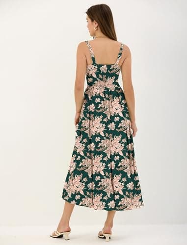 ZAFUL Women's Floral Corset Dress Spaghetti Strap Fit and Flare Flowy Midi Sundress with Pockets Dark Green S - Thumbnail 3