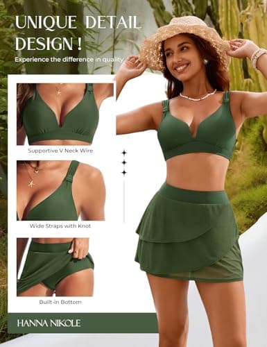 Hanna Nikole Women's High Waisted Bikini Sets Cheeky Mesh Sheer Swim Skirt with Bottom Wide Waistband Beachwear XL Army Green - Thumbnail 3