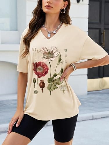 Anbech Oversized Tshirts for Women Summer Flowers V Neck Graphic Vintage Tees Short Sleeve Casual Loose Woens Basic Tops,Apricot Flower,Medium - Thumbnail 2
