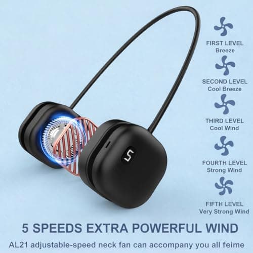 Suzii Portable Neck Fan Rechargeable, 8 Hours Hands Free Bladeless Personal Fan with 5 Speeds, 5oz Light Foldable Wearable Cooling Fan, 360° Adjustable for Men, Gym, Office, Travel and Outdoor Black - Thumbnail 6