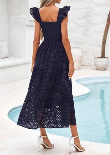 Lazysmile Womens Summer Maxi Dress Square Neck Ruffle Cap Sleeve Hollow Out Eyelet Smocked Tiered A Line Boho Sundress Navy - Thumbnail 2
