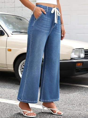 HDLTE Wide Leg Jeans Woman High Waisted Trendy Pull On Elastic Waist Drawstring Stretchy Denim Jean Pants with Pockets，Light Blue，M - Thumbnail 3