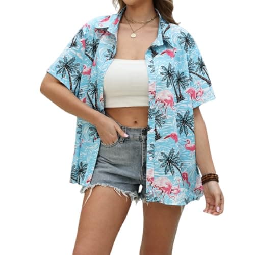 Women Summer Hawaii Shirts Soft Cool Floral Tropic Print Short Sleeve Button Up Tops T-Shirt Blue - Image 1