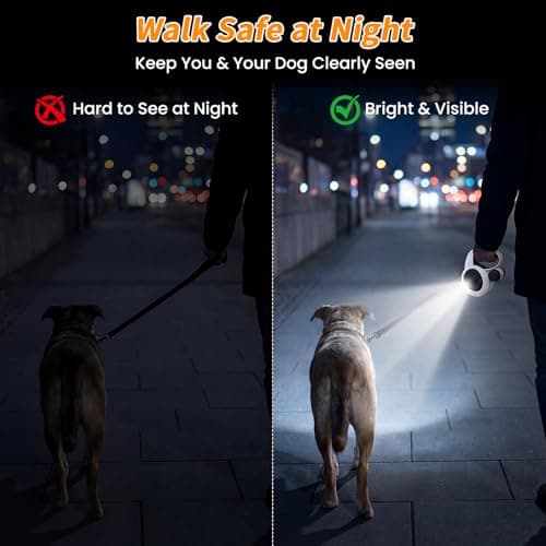 COSOWO Retractable Dog Leash with USB Rechargeable LED Light, 16 ft Heavy Duty Dog Lead with Poop Bag Holder & Steel Cable, Leash for Small Medium Large Dogs, White - Thumbnail 2