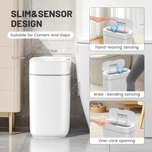 JUDRDO Small Trash Can for Bathroom, 3.5 Gallon Automatic Touchless Trash Can with Lid,Motion Sensor Slim Garbage Can Waterproof Trash Bin Waste Basket for Bedroom, Kitchen - Thumbnail 2