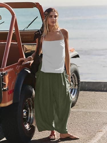 COCOMARTS Womens Linen Wide Leg Palazzo Pants Casual Loose Elastic Drawstring Flowy Pant 2025 Fall Travel Baggy Harem Pants with Pocket Green Large - Thumbnail 5