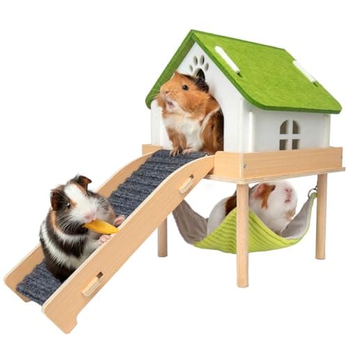 BESNEW 3 in 1 Enlarged Guinea Pig Hammock,Wooden Guinea Pig Hideout with House & Platform & Stairs Small Animal Toys for Hiding Sleeping Activities - Image 1