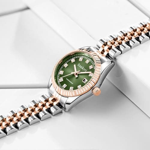 Szaikyri Classic Watch for Women with Solid Stainless Steel Band Ladies Dress Watch Womens Calendar Watch (Rosegold Green) - Thumbnail 4