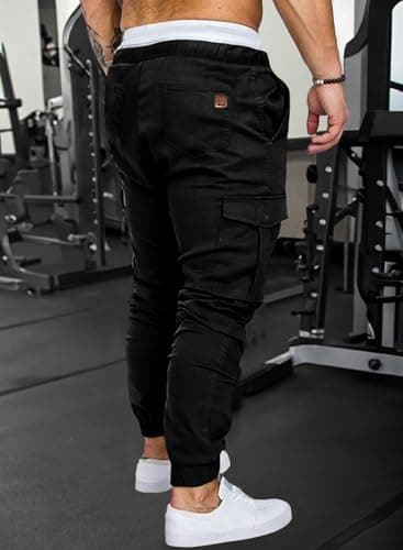 JMIERR Man Fashion Cargo Pants - Casual Cotton Tapered Stretch Twill Chino Athletic Joggers Sweatpants Drawstring Hiking Workout Trousers Travel Pants with Pockets for Men, US 36(L), 1 Black - Thumbnail 4