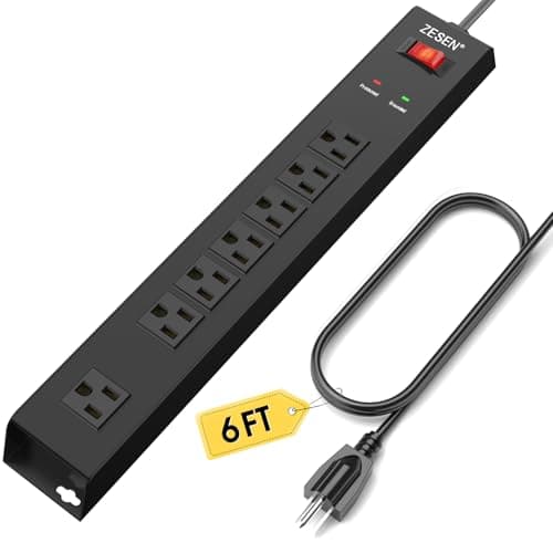 ZESEN 7 Outlet Metal Long Power Strip with Overload Protection & 1500J Surge Protection, 6ft Cord Wall Mounted Industrial Power Strip for Office Workshop Garage, ETL Listed(15A/1875W), Black