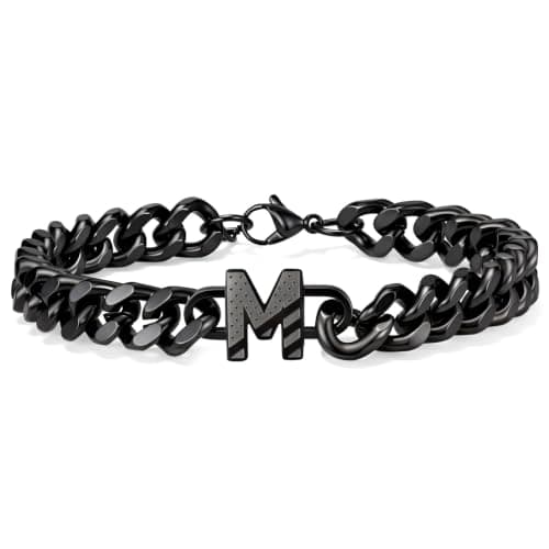 KLIFOWDY Cuban Link Initial Bracelets for Men - Stainless Steel Black Letter M Bracelet Jewelry Gifts with National Flag Design for Him Boyfriend Husband Dad Anniversary - Image 1