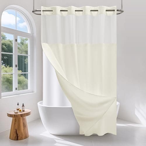 PILOTSHARK No Hook Waffle Weave Shower Curtain Set with Snap-in Fabric Liner and Mesh Top Window,256GSM Heavy Duty Fabric,Cream Washable Luxury Shower Curtain for Bathroom Stalls (72x75 Inch) - Image 1