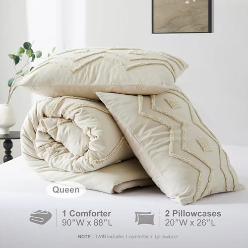 Oli Anderson Boho Tufted Comforter Set Queen Size, 3 Pcs Soft Jacquard Bedding Set for All Seasons, Shabby Chic Farmhouse Bedding Set with Comforters for All Seasons (Beige, Queen) - Thumbnail 5