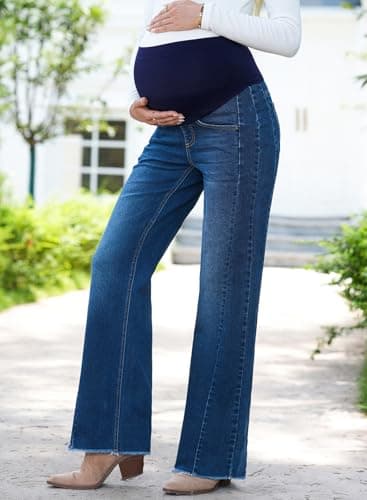 BLENCOT Maternity Jeans for Women Over Belly Straight Leg Adjustable Waisted Baggy Stretchy Denim Pants Casual Work Cotton Ripped Hem Trendy Pregnancy Boyfriend Jean Small Bluing - Thumbnail 3