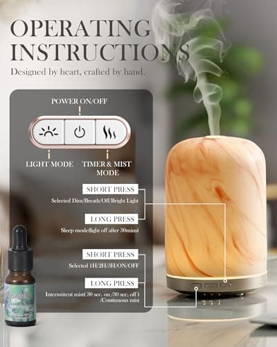 Onaboviva Essential Oil Diffuser - 2.4MHz Ultrasonic Ceramic Diffuser for Home, 120ml, Pulse&Continuous Mist, Bright/Dim/Breathing Lighting, Waterless Auto-Off, Aromatherapy Diffuser with USB Cable - Thumbnail 5