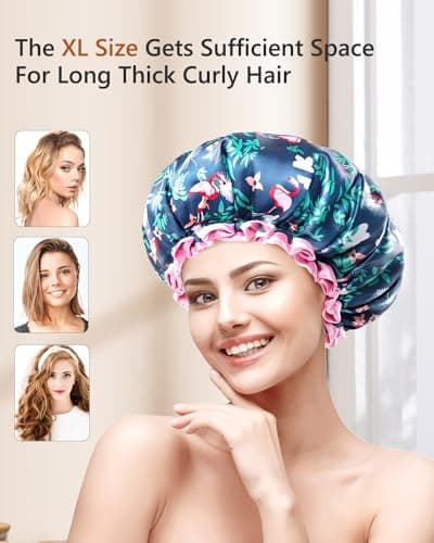 mikimini Large Shower Cap for Women Long Hair, Flamingo Shower Caps with Pink Lace, Double-layer Waterproof, Reusable, Washable,X-Large (Pack of 1) - Thumbnail 5