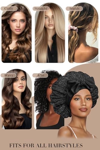 Vettres Satin Hair Bonnet for Sleeping Double Layer Bonnet with Tie Band Glittering Mesh Sleep Cap for Curly Natural Hair Black - Thumbnail 6