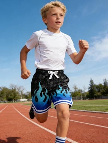 Cozople Boys Sports Shorts Fashion Blue Flame Print Football Shorts Quick Dry UPF Active Shorts with Pockets - Thumbnail 5