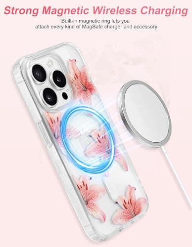 Aitipy Lily Phone Case for iPhone 14 Pro Max, Compatible with MagSafe, Cute Clear TPU Slim Shockproof Protective Phone Cover for Women Girls, Pink Lily - Thumbnail 5