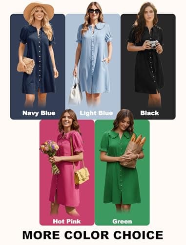 Theenkoln Womens Button Down Mini Dress:Oversized Peter Pan Collar Short Sleeve Flowy Baby Doll Dresses with Belt Black XL - Thumbnail 6