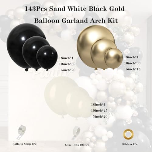 Black Gold Sand White Balloon Garland Arch Kit 143Pcs Sand White Black Chrome Gold Latex Balloons for Wedding Bridal Shower Gender Reveal Birthday Party Decorations - Thumbnail 2