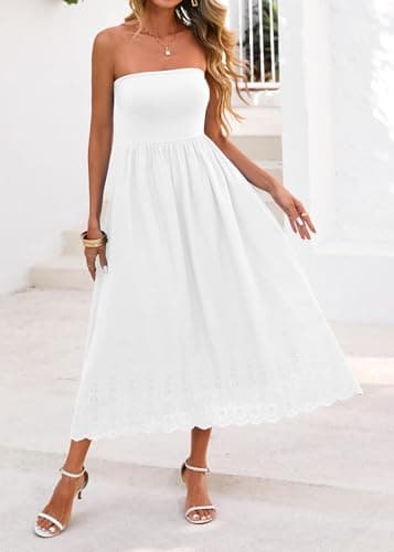 Lazysmile Summer Boho Maxi Dress for Women Strapless Tube Top Lace Trim A Line Beach Casual Long Dress White - Thumbnail 4