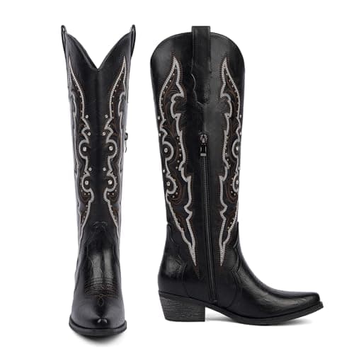 QIY Womens Cowboy Cowgirl Boots Black Knee High Cowgirl Rhinestone Sparkly Western Embroidered Tall Cowboy Boots for Women with Chunky Low Heel Pointed Almond Toe Side Zipper Black Size 9 - Thumbnail 4